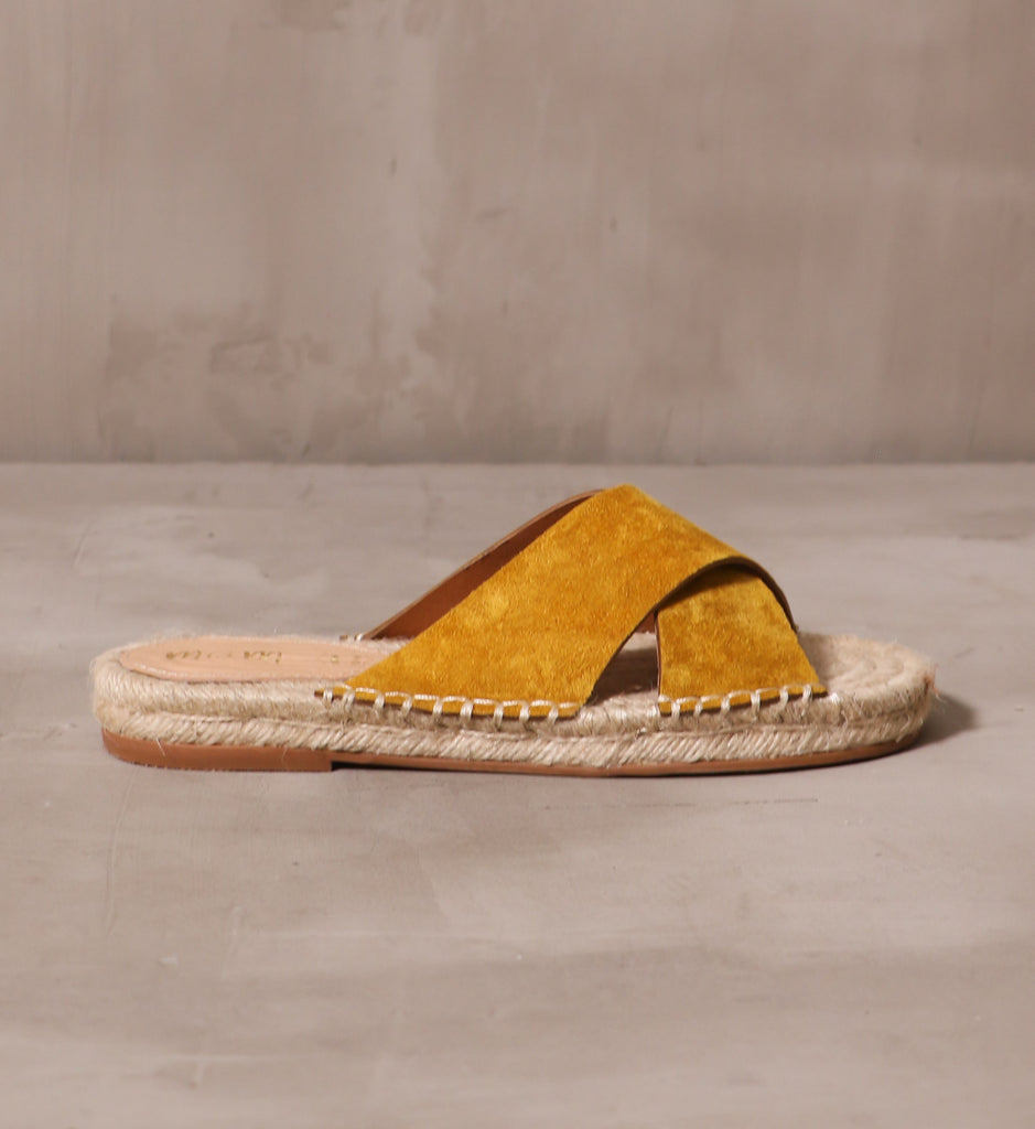 outer side of the espadrille you go with me slide sandal with mustard yellow straps 