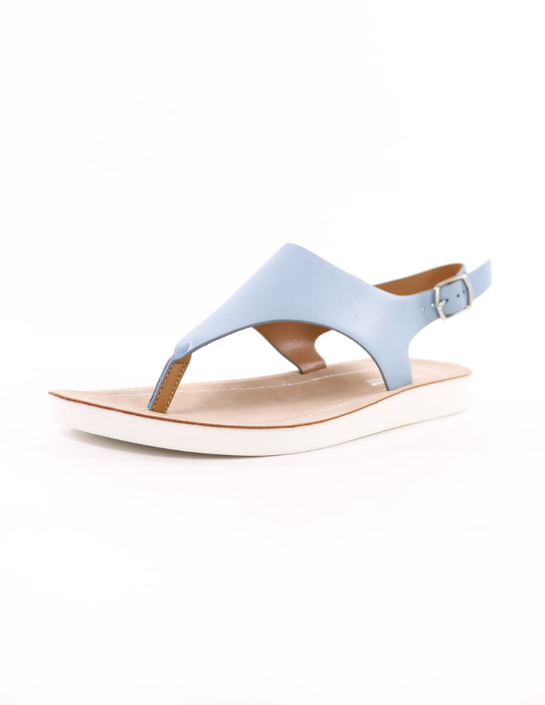 front of the blue vegan leather sandal with light tan insole and rubber white bottom - elle bleu shoes