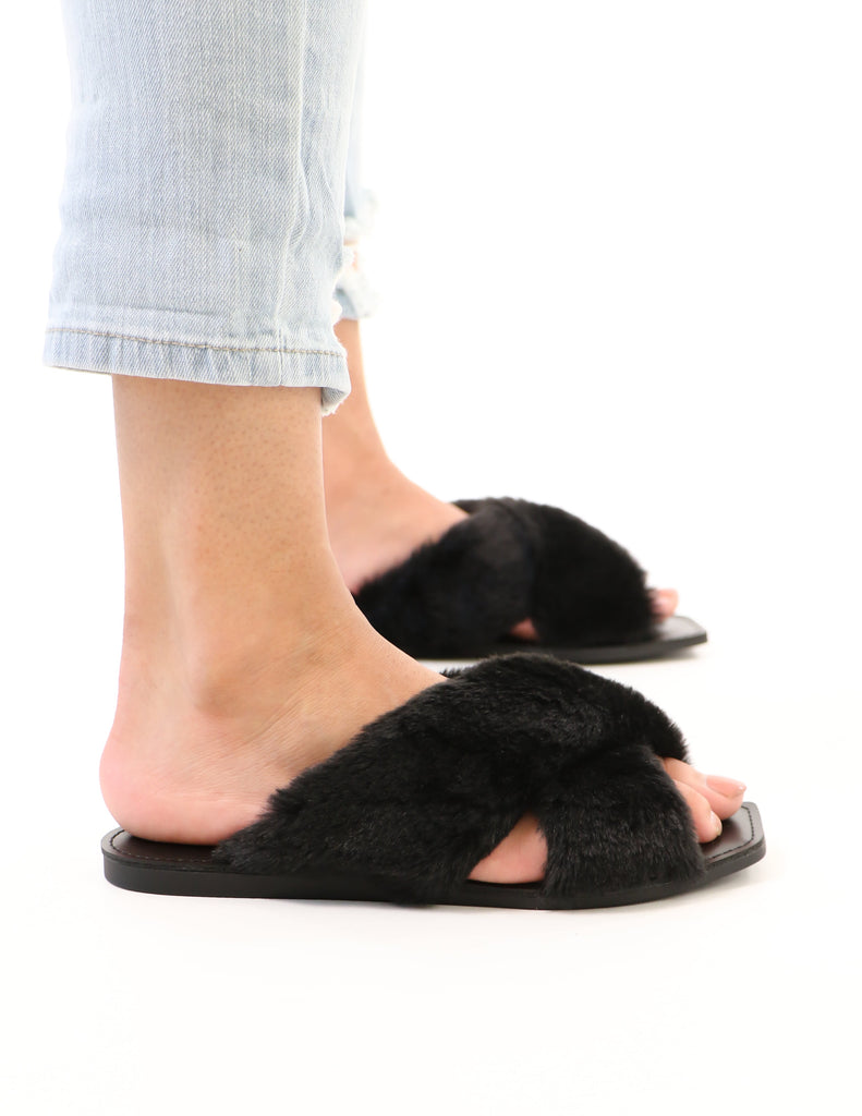 black fuzzy business slide on model - elle bleu shoes