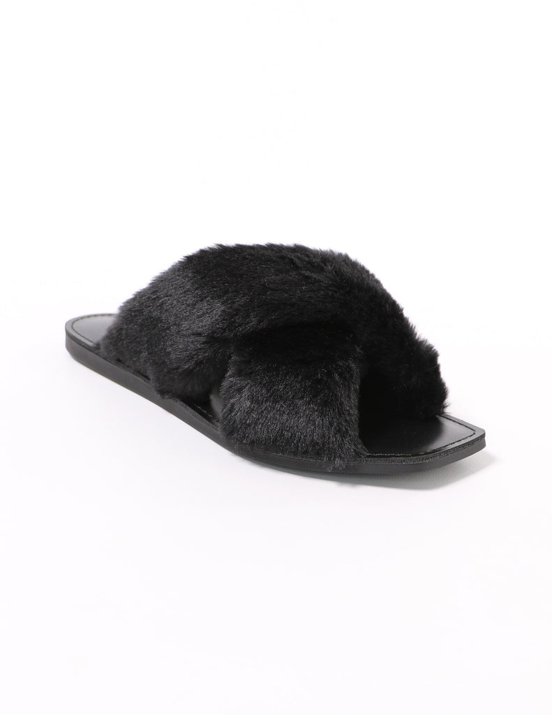 black fuzzy business slide slipper with square toe
