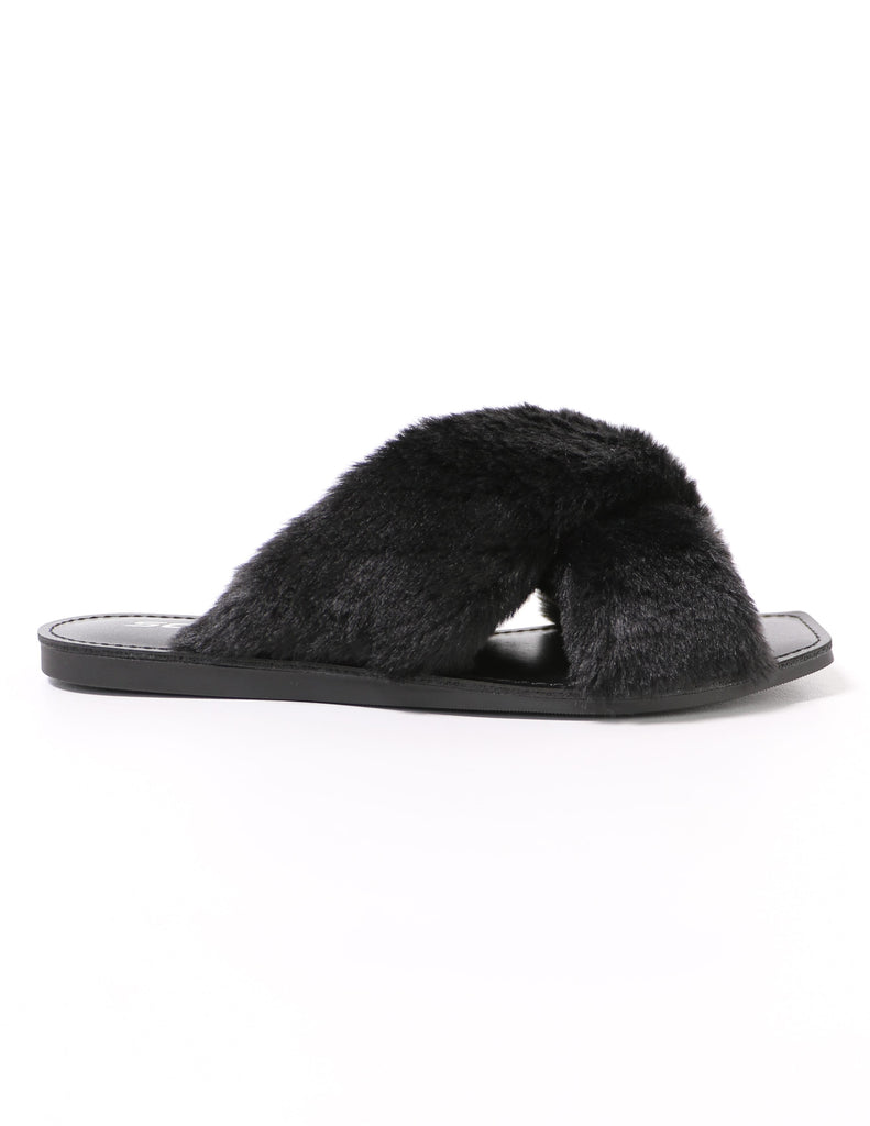 flat black fuzzy business slide slipper on white background