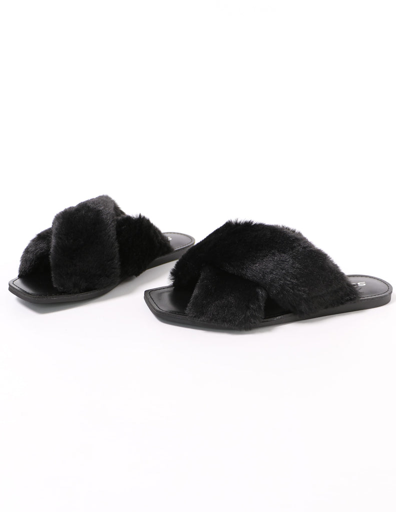 fuzzy business black fur slide with black sole - elle bleu shoes
