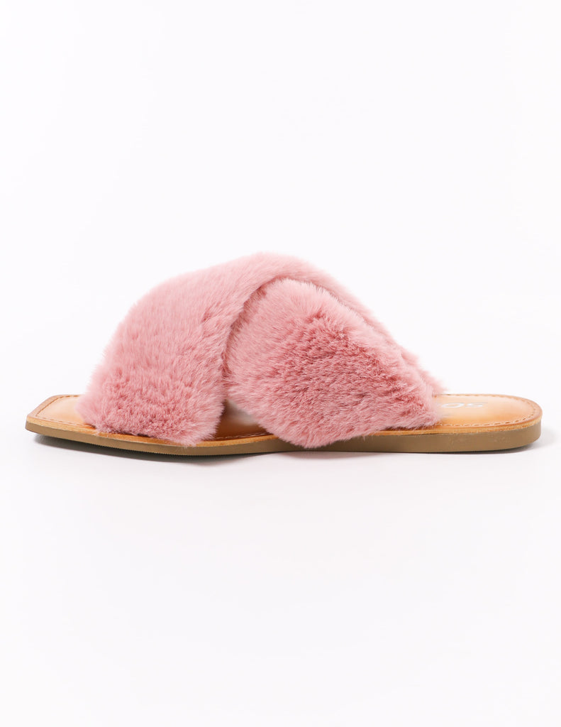 fuzzy business mauve pink flat slide slipper on white background