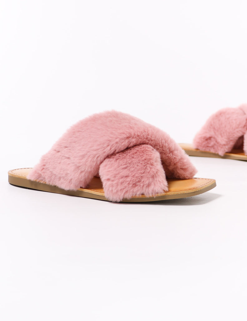 mauve pink fuzzy business slide with square toe sole - elle bleu shoes