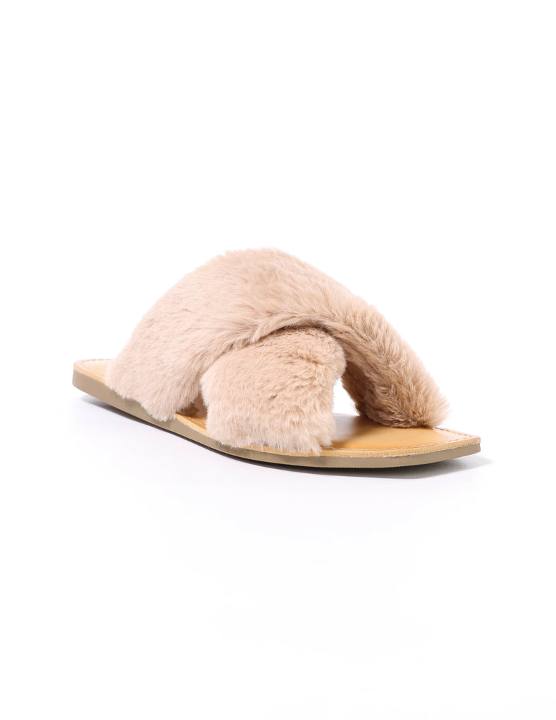 natural beige fuzzy business slide with faux fur straps