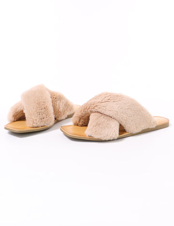 soda fuzzy business natural beige faux fur slide slippers - elle bleu shoes