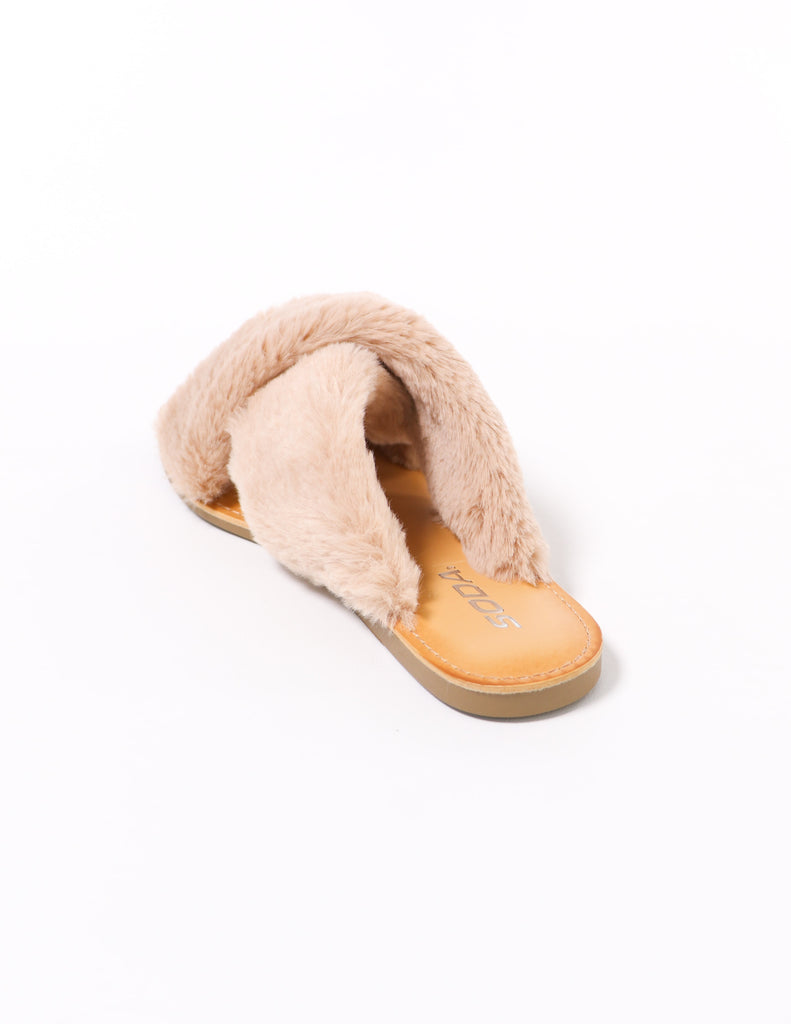 tan insole on the natural fuzzy business slide - elle bleu shoes