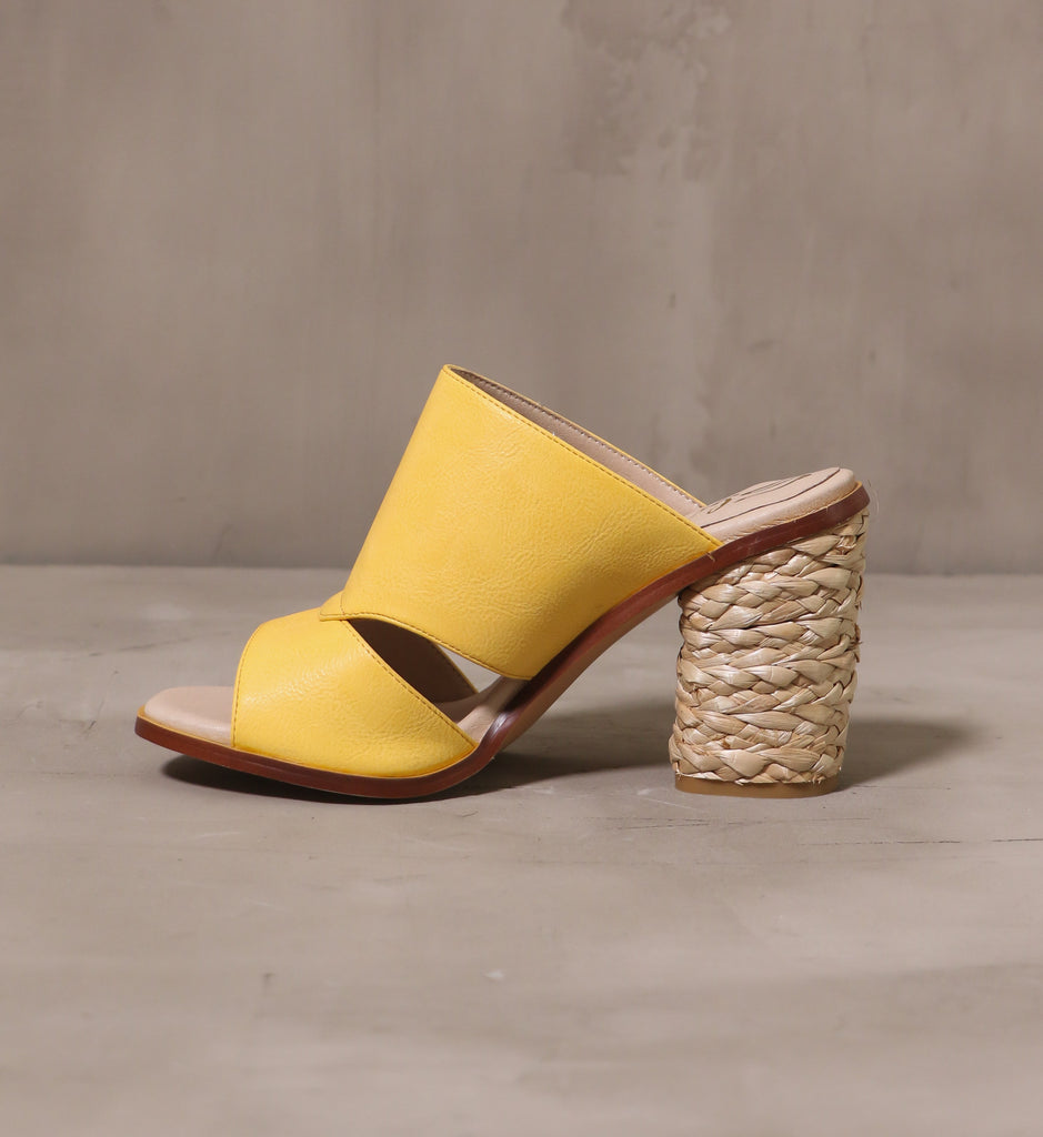 inner side of the hello yellow heel with open toe and back and a yellow cutout upper