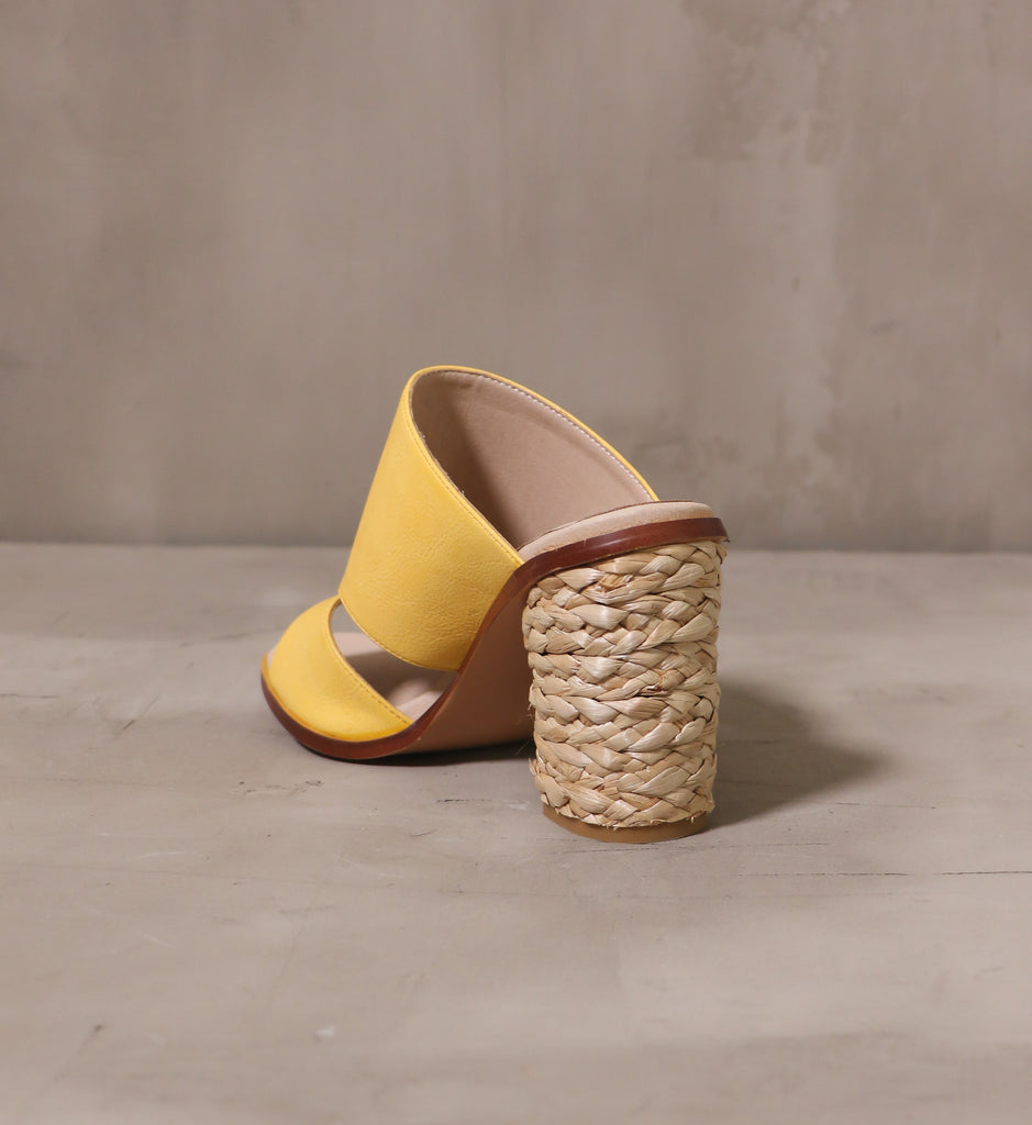 back of the braided rope wrapped heel on the hello yellow heel