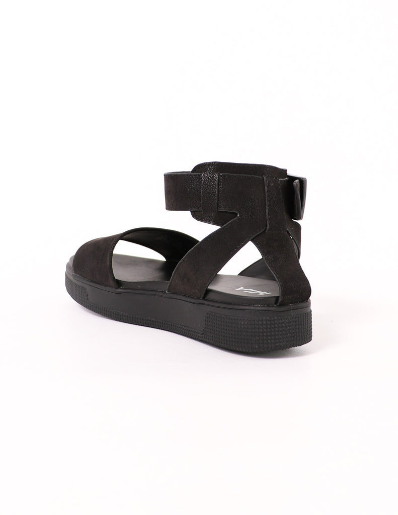back of the strappy mia buckle trouble platform rubber sandal with ankle strap - elle bleu shoes