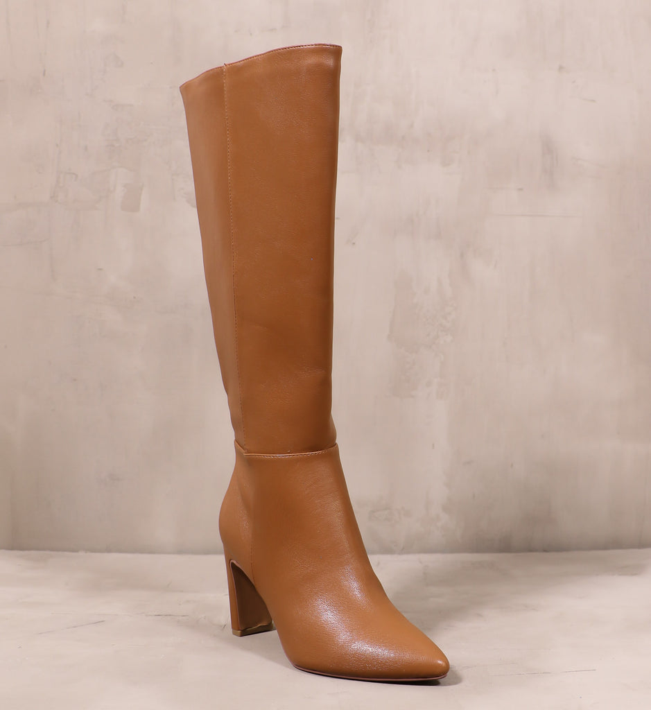 front of the pointed toe camel brown leather mrs know it tall boot