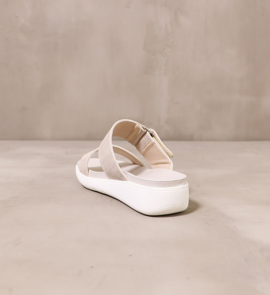 back of the open back one two strap sandal with chunky white rubber sole