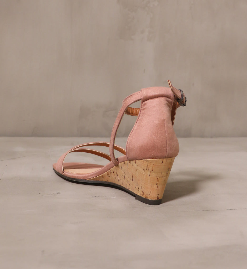 back of the rose suede pastel me you love me wedge with cork wedge heel