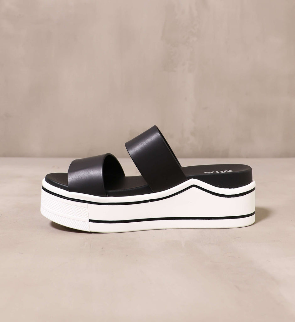 inner side of the chunky white rubber platform with black straps and insole