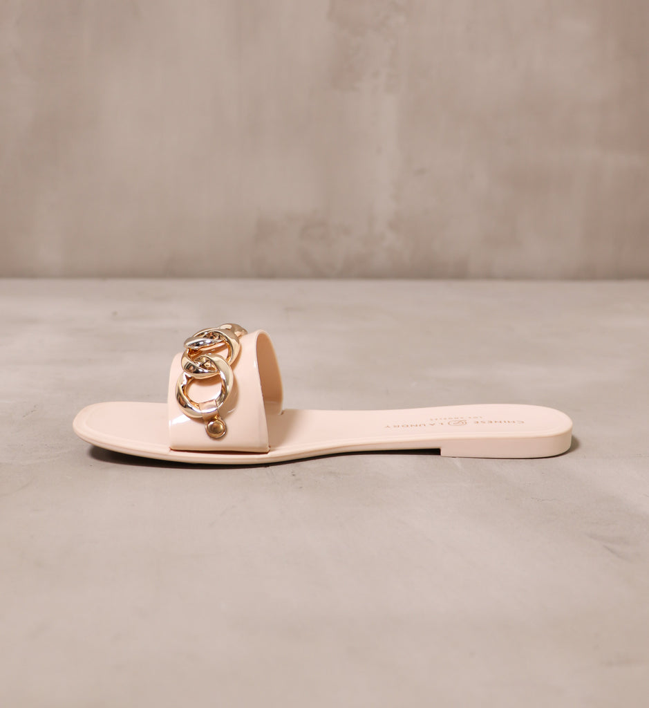 inner side of the blush pink rose all day rubber plastic slip on slide with gold chain detail