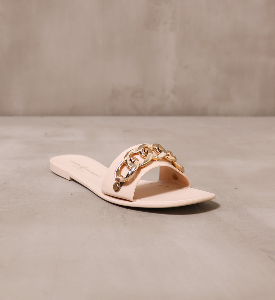 front of the open toe rose all day slide with gold chain detail