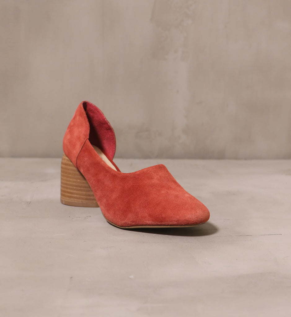 front of the almond toe retro romance heel with suede upper