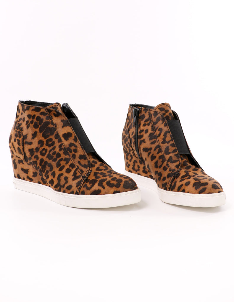 power player leopard sneaker wedges with black elastic upper strap - elle bleu shoes