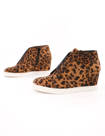 close up of the leopard power player soda vesper sneaker wedges on white background - elle bleu shoes