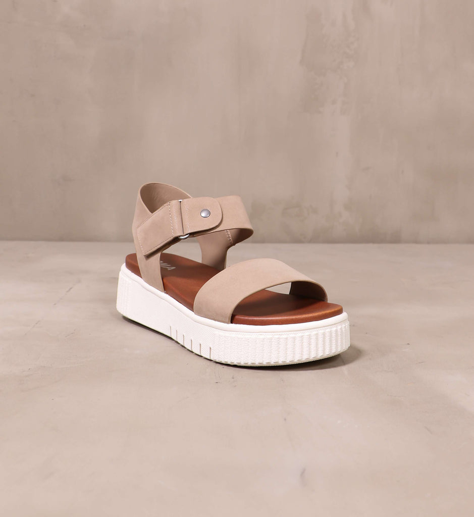 front of the open toe platform sandal with chunky white rubber sole