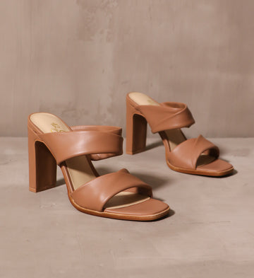 tan leather draped straps on the state of lux heel with square toe bed and leather insole