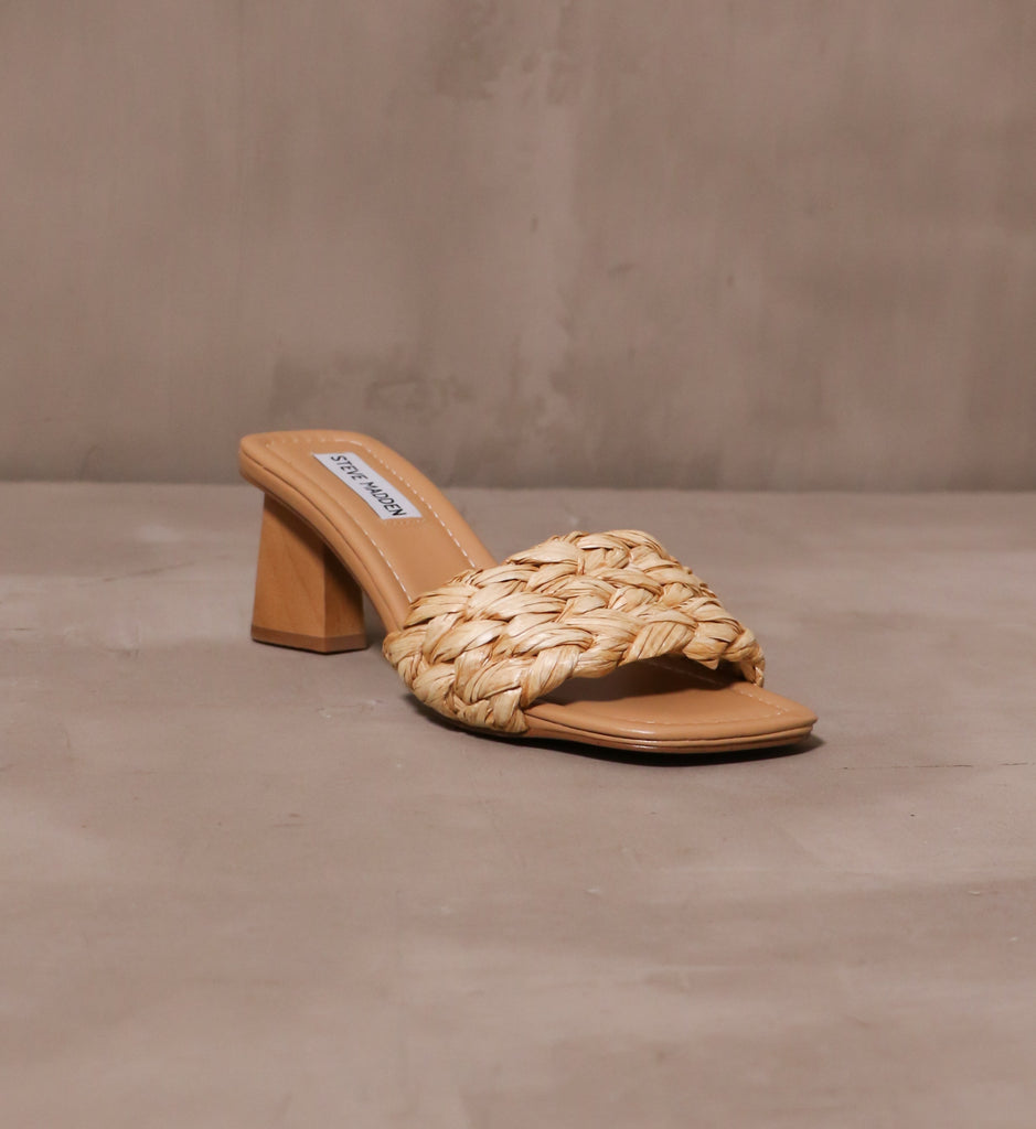 front of the open square toe bed lined with vegan leather on the last straw heel sandal
