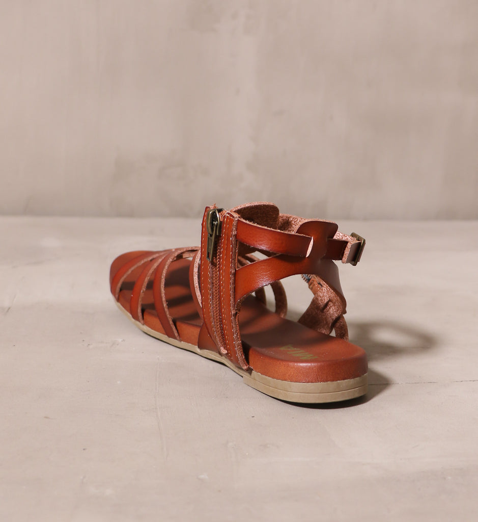 back of the open heel strappy makes me happy sandal with brown leather insole