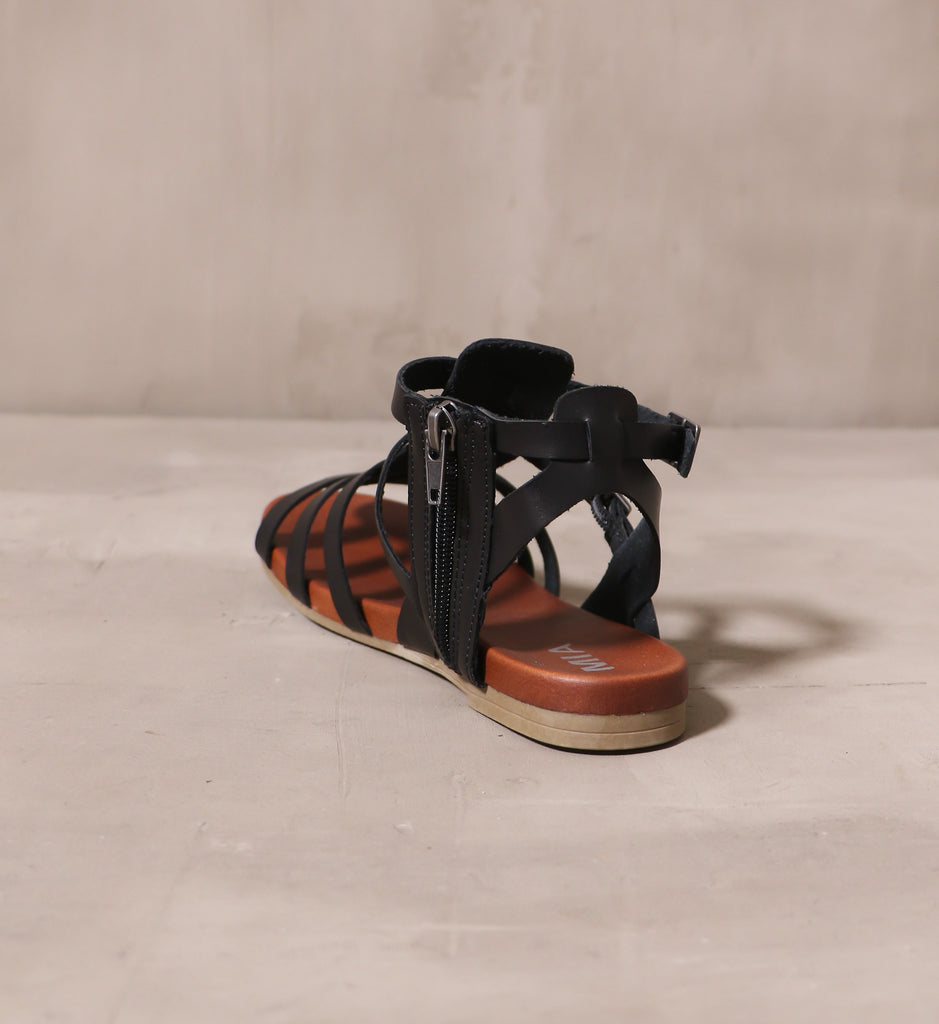 back of the black strappy makes me happy sandal with brown leather insole and open heel