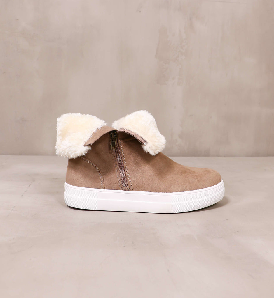 outer side of the take it outside taupe sneaker with chunky white rubber sole