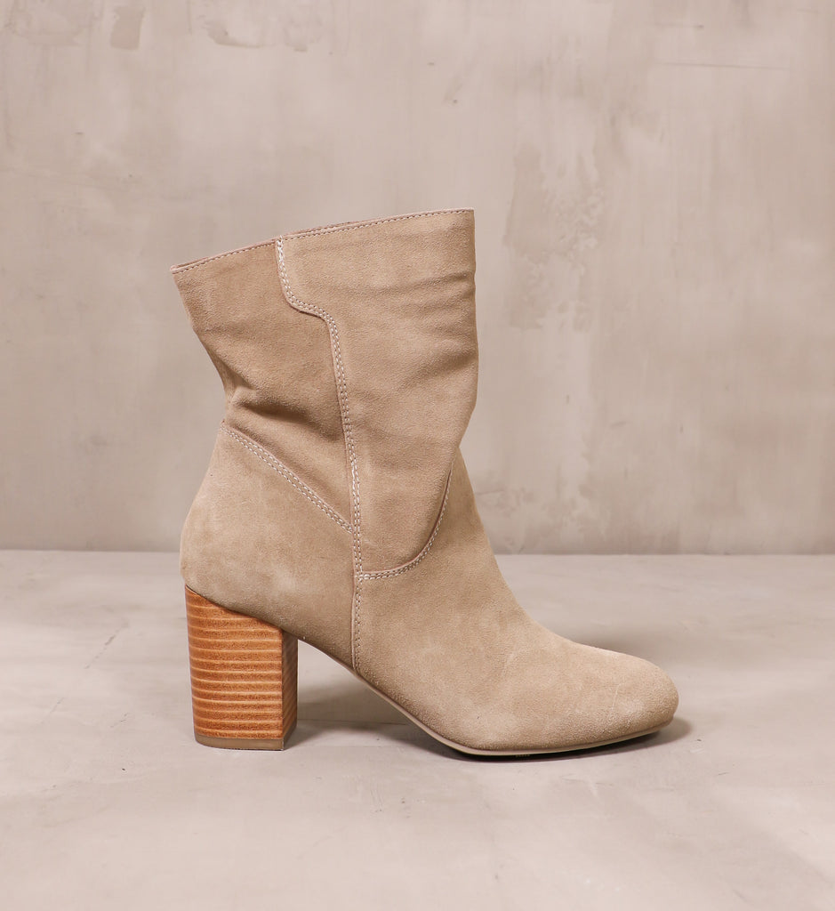 outer side of the thanks a scrunch suede beige boot with stacked wood block heel