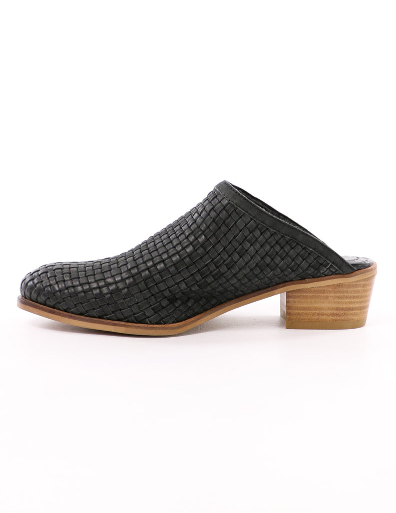 side of the black volatile the woven one mule with tan wood sole and heel - elle bleu shoes