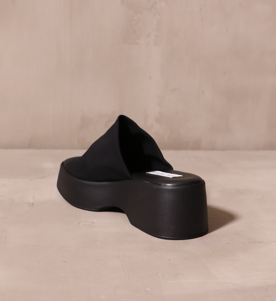 back of the chunky black platform sole and black insole on the what a girl wants platform sandal